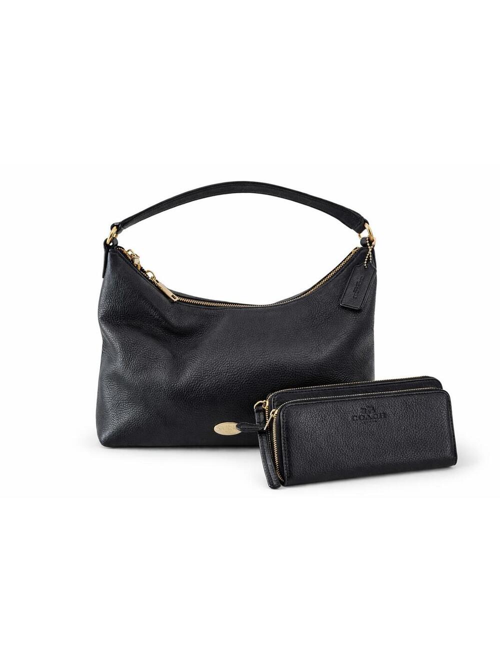 Coach Hobo Shoulder Bag Purse Womens Large Black Leather Zip Wristlet Set